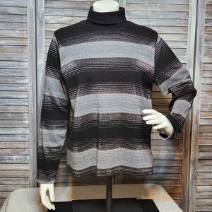 Studio Works Womens Black Gray Metallic Silver Turtleneck Sweater Large